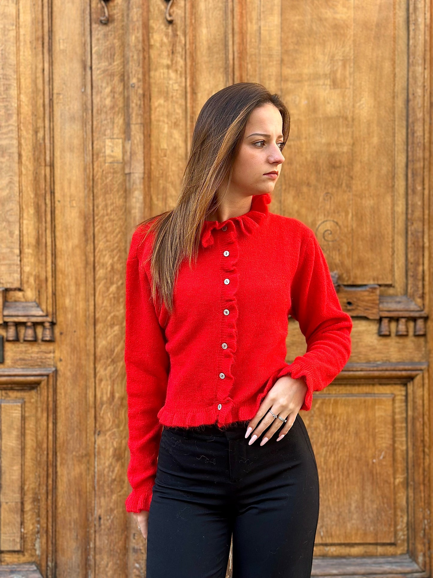 Cardigan col volanté rouge