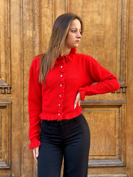 Cardigan col volanté rouge